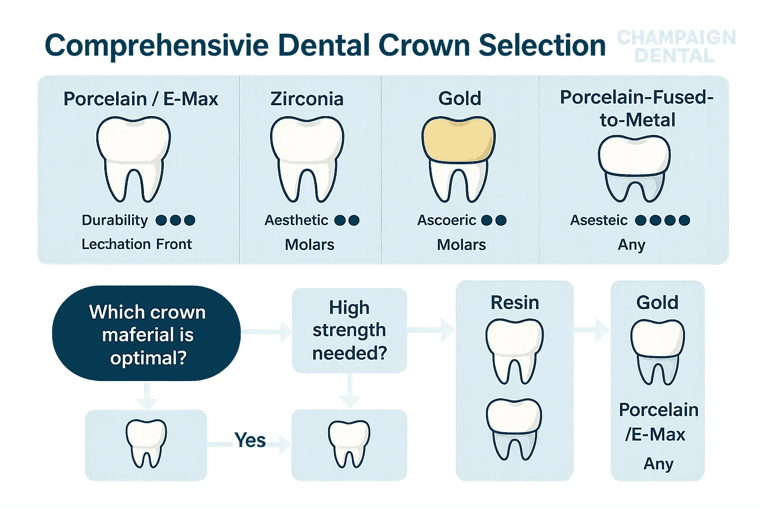 Comprehensive dental crown selection guide showing material types, durability ratings, aesthetic scores, and recommended tooth locations with decision flowchart for choosing optimal crown material - best crowns for teeth infographic