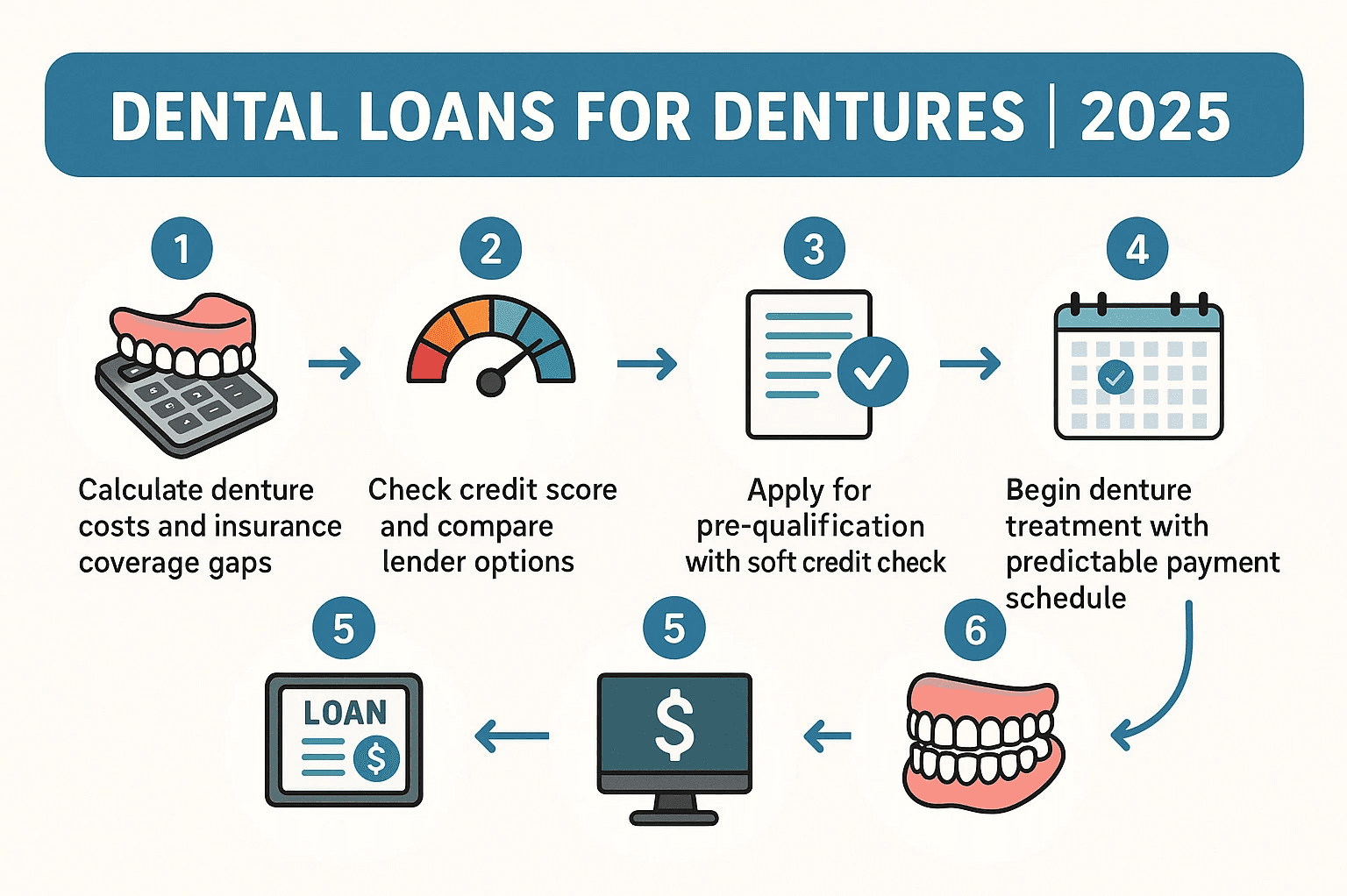 Infographic showing the dental loan process: 1) Calculate denture costs and insurance coverage gaps, 2) Check credit score and compare lender options, 3) Apply for pre-qualification with soft credit check, 4) Review loan terms and monthly payments, 5) Complete application and receive funding, 6) Begin denture treatment with predictable payment schedule - dental loans for dentures infographic