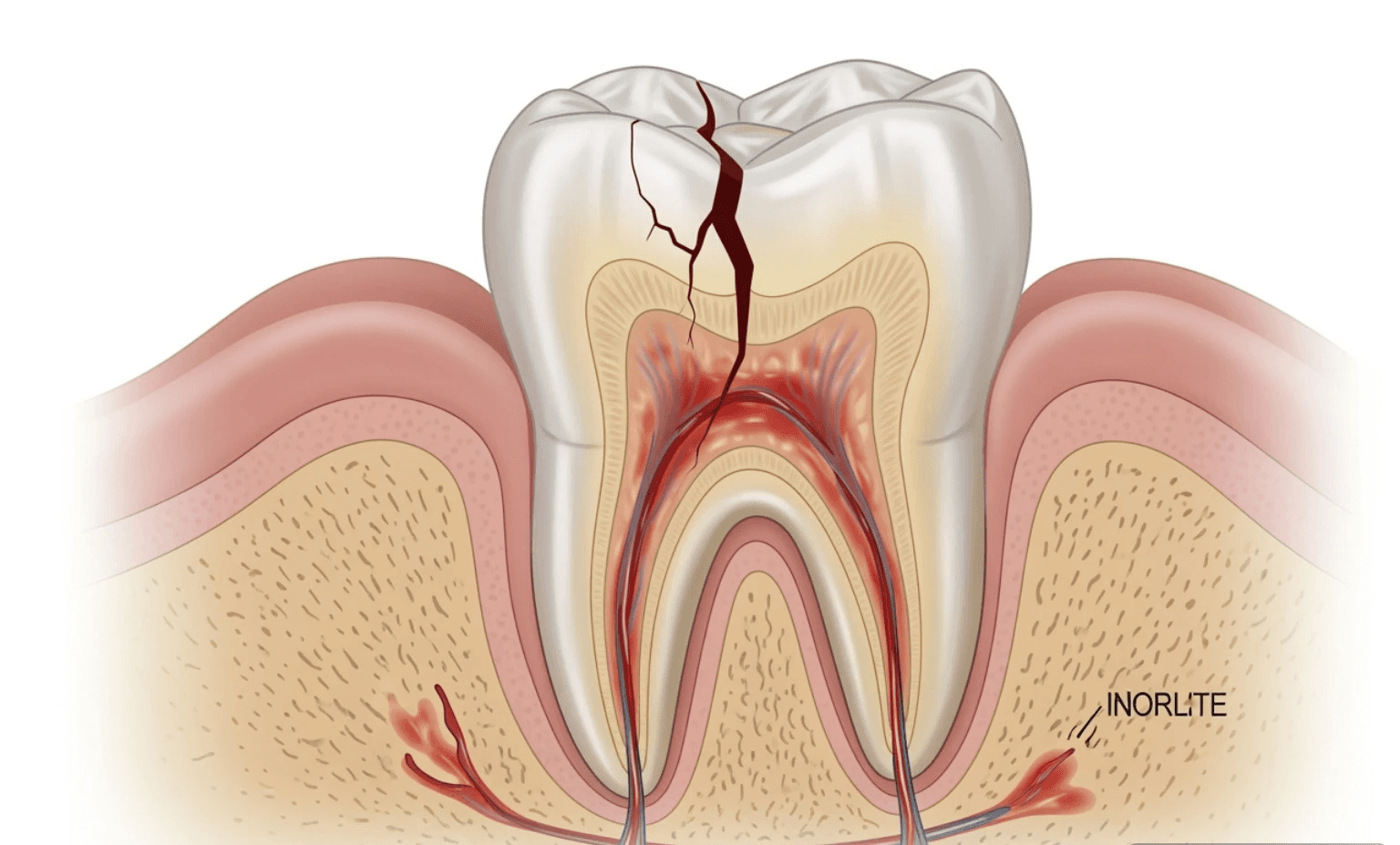 A detailed diagram illustrating a cracked tooth where the crack has extended into the tooth's pulp, highlighting the potential for infection and nerve involvement. - Cracked tooth solutions