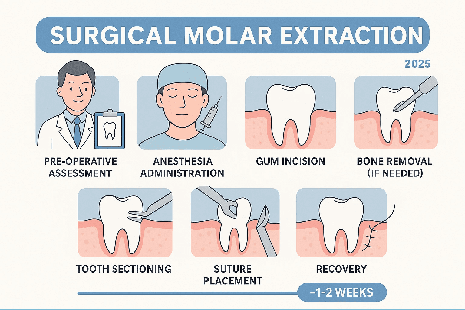 Infographic showing the step-by-step process of surgical molar extraction including pre-operative assessment, anesthesia administration, gum incision, bone removal if needed, tooth sectioning, and suture placement with typical recovery timeline - surgical molar extraction infographic