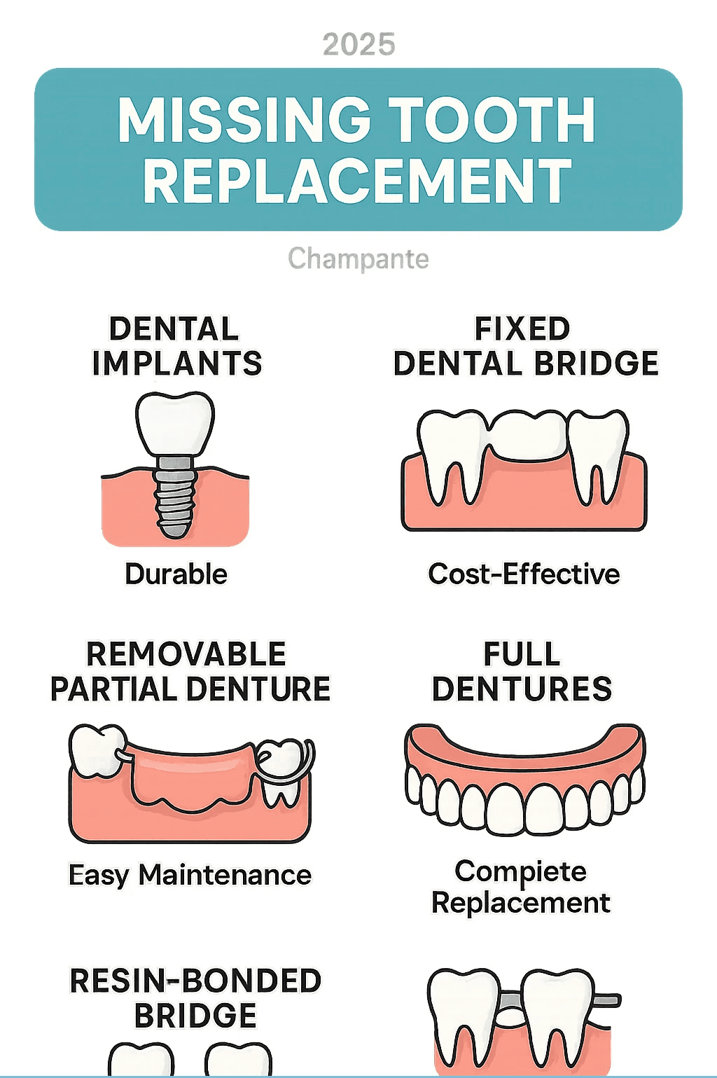 Infographic showing the five main missing tooth replacement options: dental implants with titanium post and crown, fixed bridge connecting to adjacent teeth, removable partial denture with metal clasps, full dentures for complete arch replacement, and Maryland bridge with wing attachments, each labeled with key benefits like durability, cost-effectiveness, and ease of maintenance - Missing tooth replacement infographic