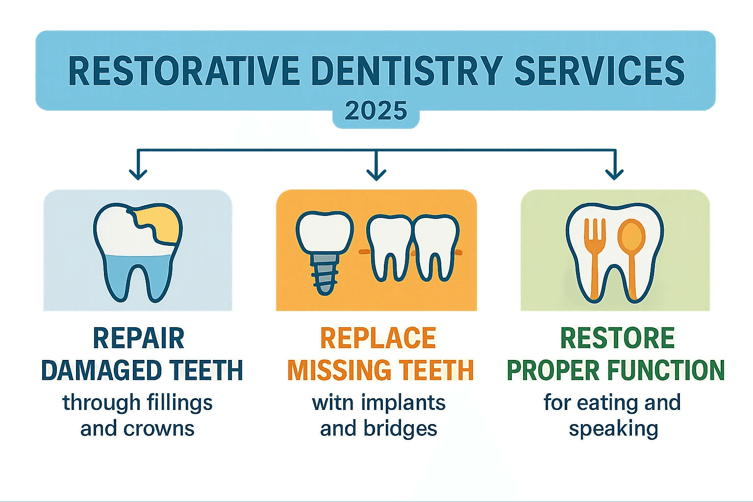 Comprehensive infographic showing the three main goals of restorative dentistry: Repair damaged teeth through fillings and crowns, Replace missing teeth with implants and bridges, and Restore proper function for eating and speaking - Restorative Dentistry Services infographic