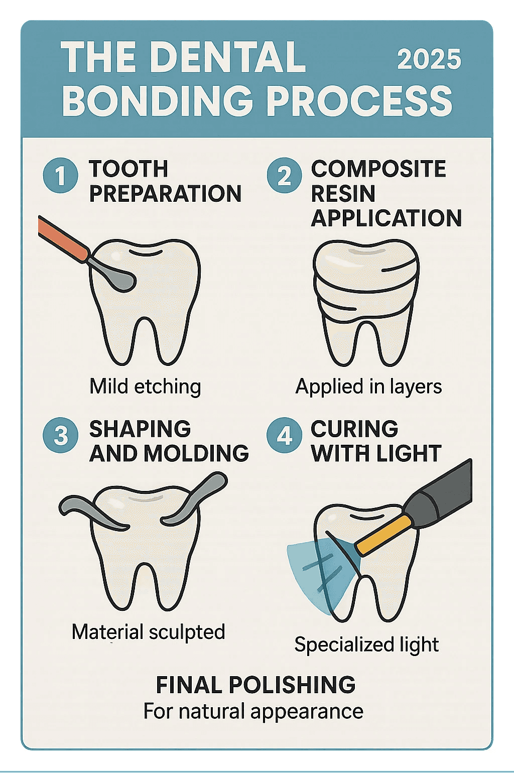 Infographic showing dental bonding process steps: tooth preparation with mild etching, composite resin application in layers, shaping and molding the material, curing with specialized light, and final polishing for natural appearance - Dental Bonding Cost infographic