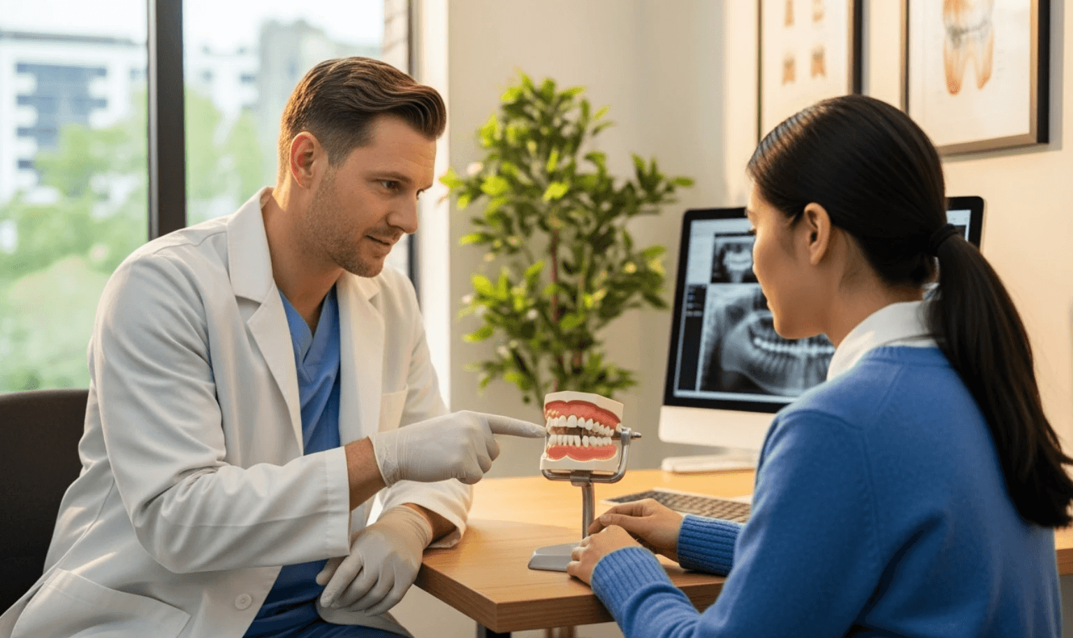 Dentist consulting with a patient, pointing to a dental model - Dental Bonding Cost