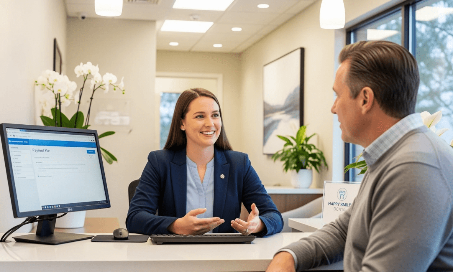 Friendly staff member discussing payment options with a patient - Dental Bonding Cost