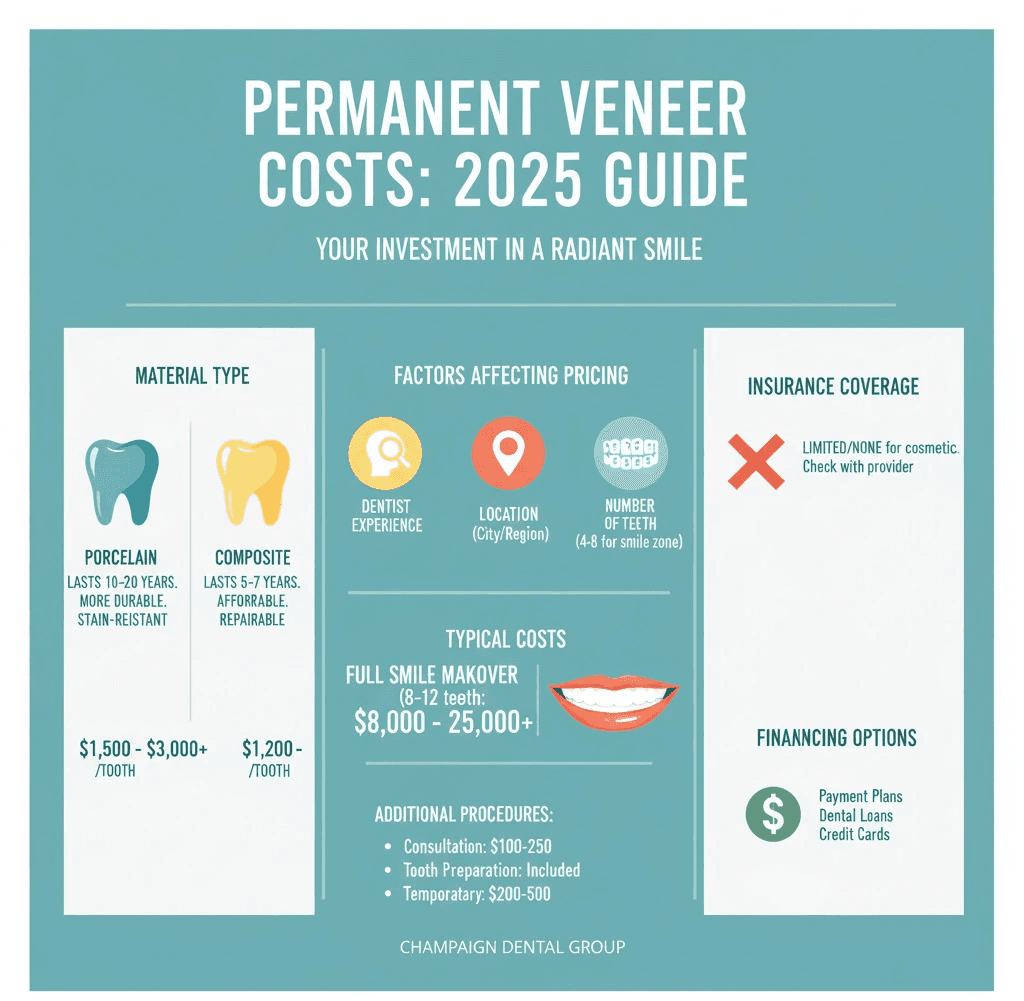 Comprehensive infographic showing permanent veneer costs breakdown by material type (porcelain vs composite), factors affecting pricing (dentist experience, location, number of teeth), typical price ranges per tooth, full smile makeover costs, additional procedure costs, insurance coverage limitations, and financing options available - Permanent veneers cost infographic
