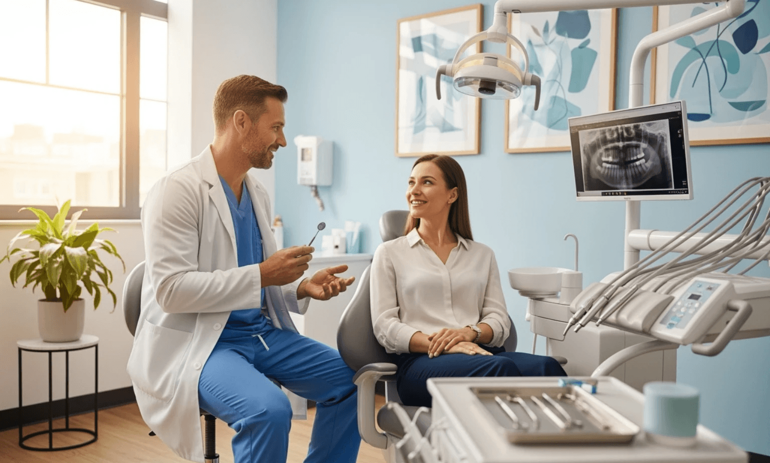 Dentist warmly consulting with a patient in a modern, comfortable dental office setting - Permanent veneers cost