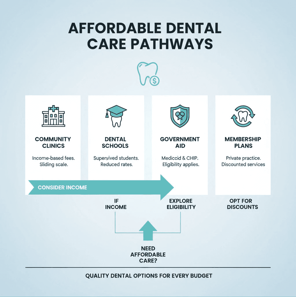 Comprehensive infographic showing pathways to affordable dental care including community clinics with income-based fees, dental school programs with student practitioners under supervision, government assistance programs like Medicaid and CHIP, and private practice membership plans, with icons representing each option and arrows showing the decision-making process - affordable dentist infographic