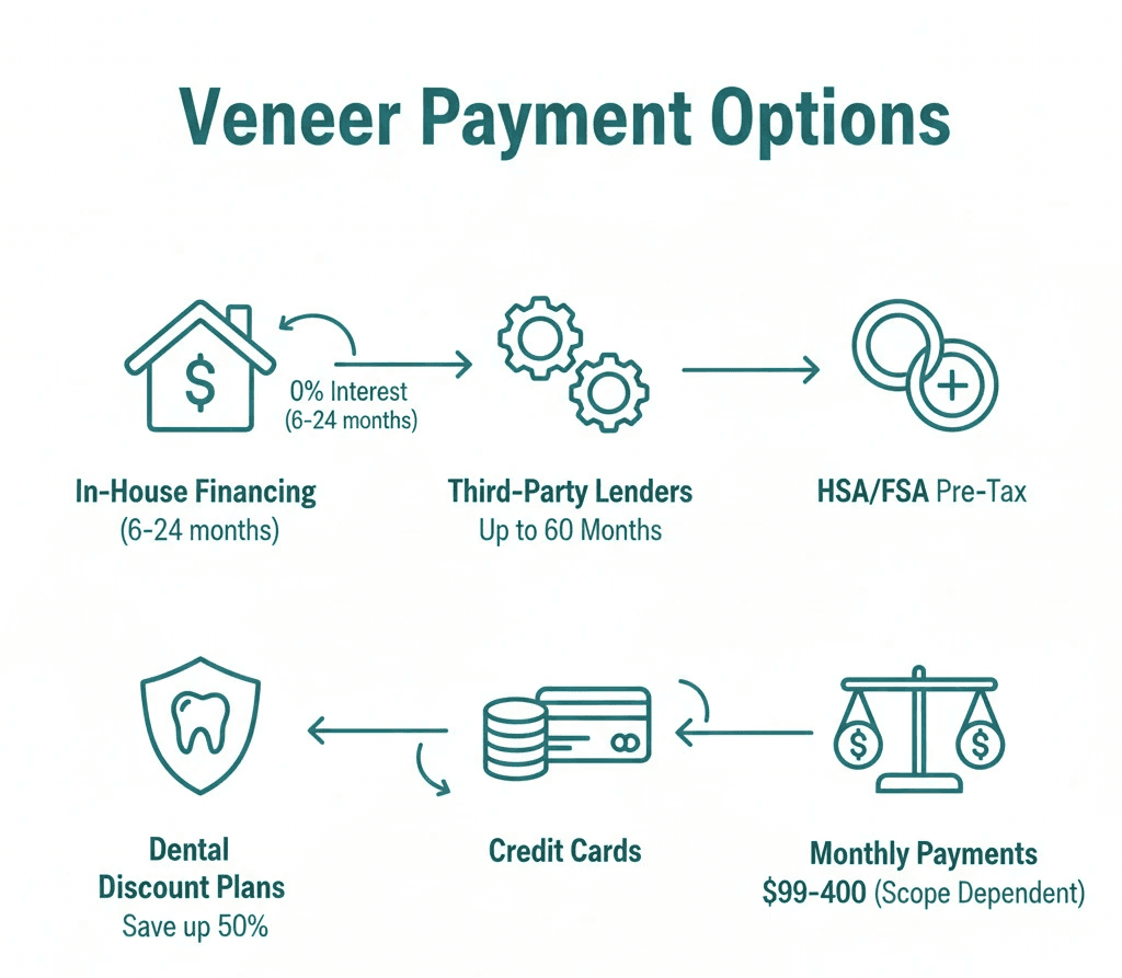 infographic showing payment plan options for veneers including in-house financing with 0% interest for 6-24 months, third-party lenders with terms up to 60 months, HSA and FSA pre-tax options, dental discount plans offering up to 50% savings, and typical monthly payment ranges from $99-$400 depending on treatment scope - Payment plans for veneers infographic