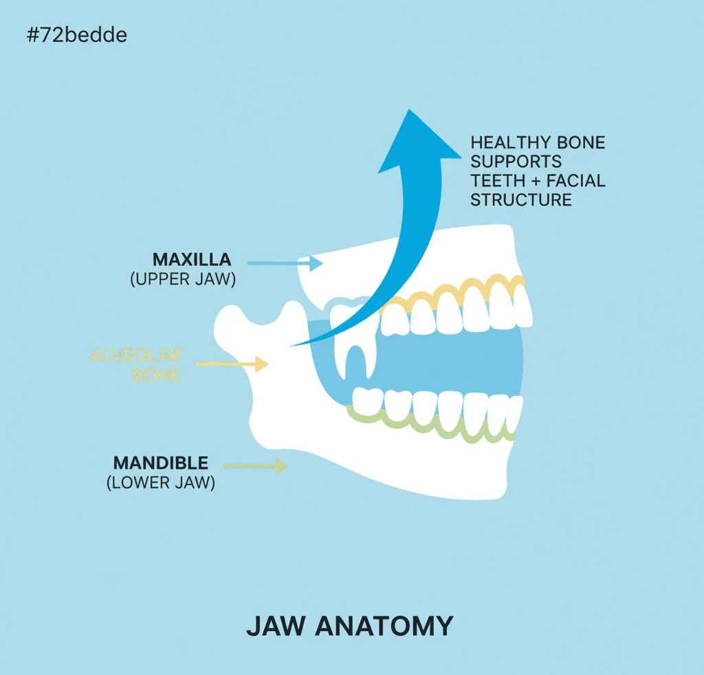 infographic showing the anatomy of the jawbone with labeled parts including the mandible (lower jaw), maxilla (upper jaw), and alveolar bone surrounding tooth roots, plus arrows indicating how healthy bone supports teeth and facial structure - Jaw Bone Health infographic 