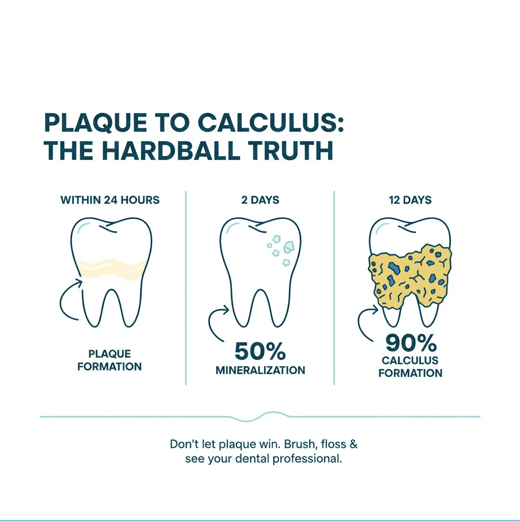 Infographic showing the progression from plaque formation within 24 hours, to 50% mineralization within 2 days, to 90% calculus formation after 12 days, with visual representations of increasingly hardened deposits on teeth - Dental Calculus Remover infographic 